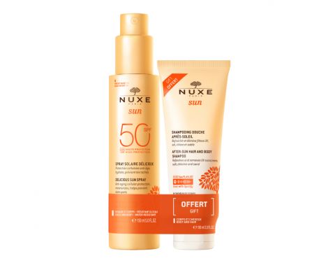 Nuxe Sun Spray SPF50 Rostro y Cuerpo 150ml + Champú/Gel de Ducha After Sun 100ml Regalo